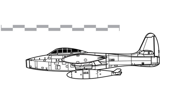 Republic F-84G Thunderjet with Mark 7 Nuclear Bomb. Vector drawing of early jet fighter-bomber aircraft. Side view. Image for illustration and infographics.