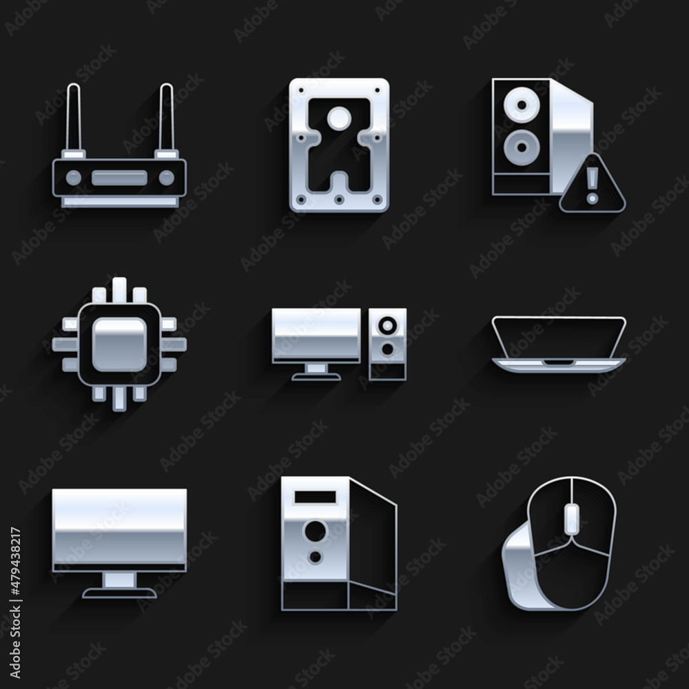 Poster set computer monitor, case of computer, mouse, laptop, screen, processor with cpu, and router and wi