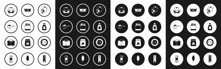 Set Drying clothes, Washer, Washing powder, Basin with shirt, Bottle for cleaning agent, Temperature wash, and T-shirt icon. Vector