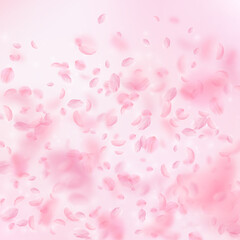 Sakura petals falling down. Romantic pink flowers gradient. Flying petals on pink square background. Love, romance concept. Uncommon wedding invitation.