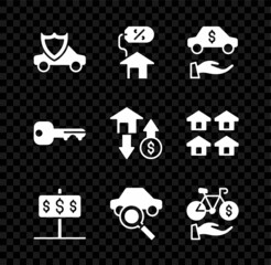 Set Car with shield, House percant, rental, dollar, sharing, Bicycle mobile app, key and icon. Vector