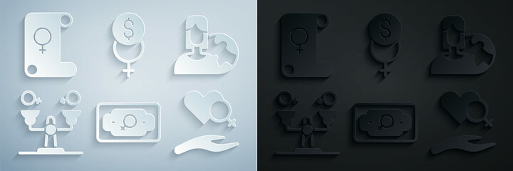 Set Money growth woman, Women from different countries, Gender equality, Heart with female gender, Feminism finance and icon. Vector