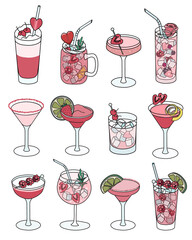 A collection set of pink cute Valentines day special cocktails such as Margarita, Martini, Clover Club, Russian Spring punch and other. Doodle cartoon style vector illustration isolated on white