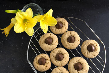 Peanut butter cookies with chocolate candy, top view 