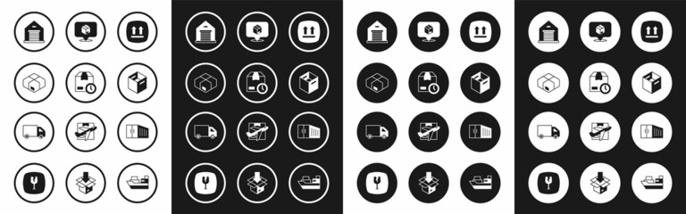 Set This side up, Cardboard box with clock, Carton cardboard, Warehouse, Location, Container and Delivery cargo truck icon. Vector