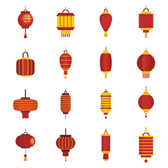 Asian flat cartoon lanterns icons vector set