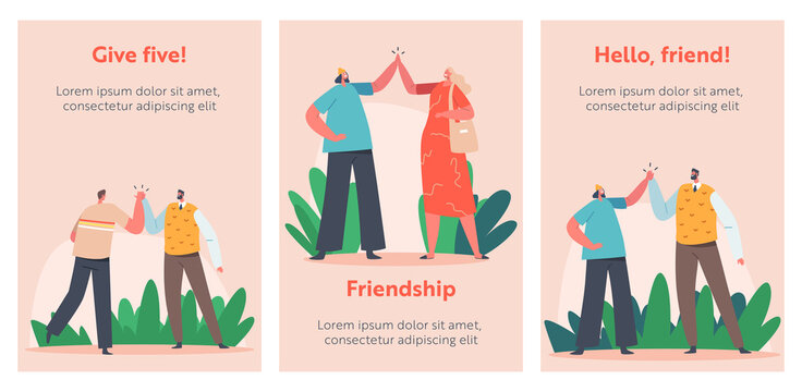 Friendship, Highfive, Cartoon Banners. Informal Greetings, Happy People Giving High Five Cheerful Friends and Colleagues