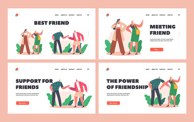 Best Friend Landing Page Template Set. Men and Women Beating Fists and Elbows. Male Female Characters Agree, Greeting