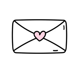 Cute closed envelope with heart isolated on white background. Vector hand-drawn illustration in doodle style. Perfect for Valentines day designs, cards, decorations.