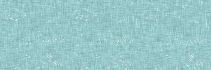 Aegean teal mottled border strip linen texture background. Summer coastal living style home decor fabric effect. Sea green wash grunge edge material. Decorative textile seamless pattern banner. 