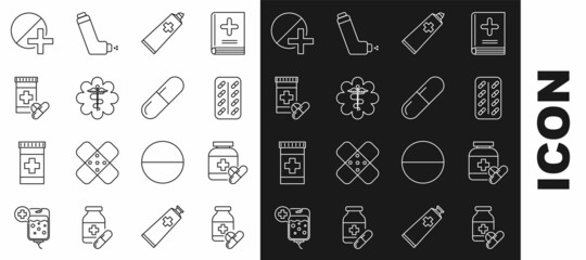 Set line Medicine bottle and pills, Pills blister pack, Ointment cream tube medicine, Emergency star medical symbol Caduceus snake with stick, or tablet and icon. Vector