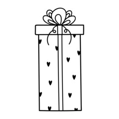 Cute gift tied with a festive ribbon with a bow isolated on white background. Vector hand-drawn illustration in doodle style. Perfect for holiday and Valentines day designs, cards, decorations, logo.