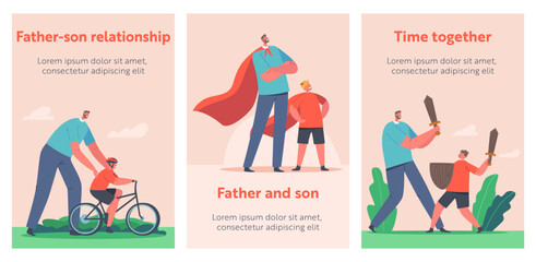 Happy Family Characters Dad and Little Son Spend Time Together Cartoon Banners. People Build Dog Booth, Riding Bicycle