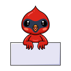 Cute baby cardinal bird cartoon with blank sign