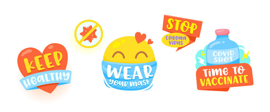 Set of Icons Keep Healthy, Wear your Mask, Stop Corona Virus, Time to Vaccinate Isolated Labels with Typography