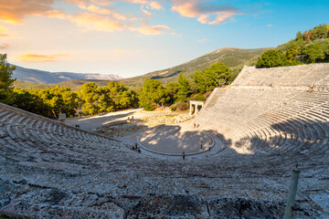 Sunset view of the ancient Theater at Epidaurus a 4th century BC Greek site, part of the...
