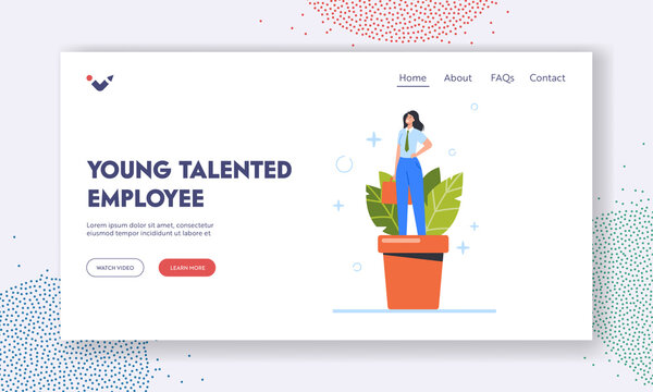 Young Talented Employee Landing Page Template. Growing Talent Concept. Female Character Business Woman Grow in Pot