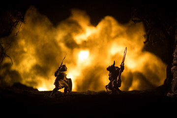 Medieval battle scene with cavalry and infantry. Silhouettes of figures as separate objects, fight...