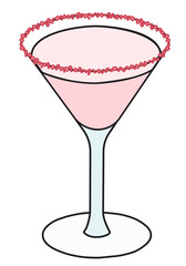 Cute romantic Valentines day Pink Martini cocktail. Doodle cartoon vector hipster style illustration isolated on white. For greeting cards, special holiday cocktail party poster or invitation.