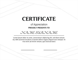 Certificate of appreciation template, gold and blue color. Clean modern certificate with gold badge. Horizontal certificate border template with luxury and modern line pattern. Diploma vector template