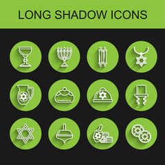 Set line Star of David, Hanukkah dreidel, Jewish goblet, and coin, sweet bakery, Orthodox jewish hat with sidelocks and kippah star david icon. Vector