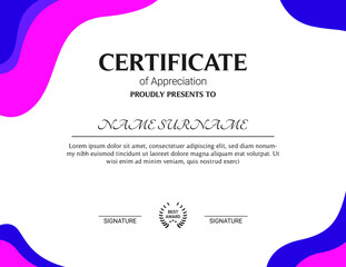 Certificate of appreciation template, gold and blue color. Clean modern certificate with gold badge. Horizontal certificate border template with luxury and modern line pattern. Diploma vector template