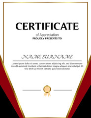 Certificate of appreciation template, gold and blue color. Clean modern certificate with gold badge. Horizontal certificate border template with luxury and modern line pattern. Diploma vector template