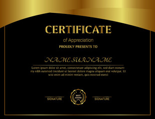 Certificate of appreciation template, gold and blue color. Clean modern certificate with gold badge. Horizontal certificate border template with luxury and modern line pattern. Diploma vector template
