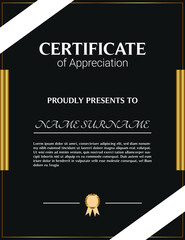 Certificate of appreciation template, gold and blue color. Clean modern certificate with gold badge. Horizontal certificate border template with luxury and modern line pattern. Diploma vector template