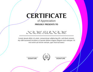 Certificate of appreciation template, gold and blue color. Clean modern certificate with gold badge. Horizontal certificate border template with luxury and modern line pattern. Diploma vector template