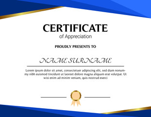 Certificate of appreciation template, gold and blue color. Clean modern certificate with gold badge. Horizontal certificate border template with luxury and modern line pattern. Diploma vector template