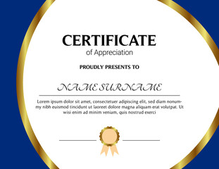 Certificate of appreciation template, gold and blue color. Clean modern certificate with gold badge. Horizontal certificate border template with luxury and modern line pattern. Diploma vector template