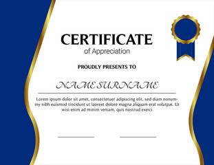 Certificate of appreciation template, gold and blue color. Clean modern certificate with gold badge. Horizontal certificate border template with luxury and modern line pattern. Diploma vector template