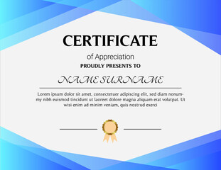Certificate of appreciation template, gold and blue color. Clean modern certificate with gold badge. Horizontal certificate border template with luxury and modern line pattern. Diploma vector template