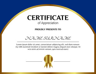 Certificate of appreciation template, gold and blue color. Clean modern certificate with gold badge. Horizontal certificate border template with luxury and modern line pattern. Diploma vector template