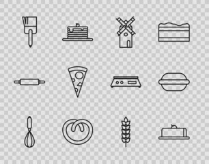 Set line Kitchen whisk, Strawberry cheesecake slice, Windmill, Pretzel, brush, Slice of pizza, Cereals with rice, wheat, corn, oats, rye and Macaron cookie icon. Vector
