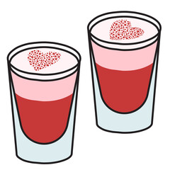 A couple of cute romantic Valentines day pink red shot shooter cocktails decorated with heart shaped sprinkling. Doodle cartoon illustration isolated on white. For greeting cards, specific bar menu