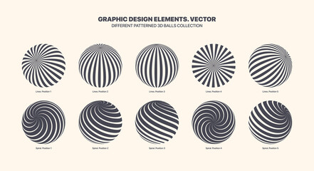 Assorted Various Vector 3D Balls In Different Positions With Straight And Spiral Lines Art Pattern Set Isolated On White Background. Graphic Black White Variety 3D Spheres Design Elements Collection