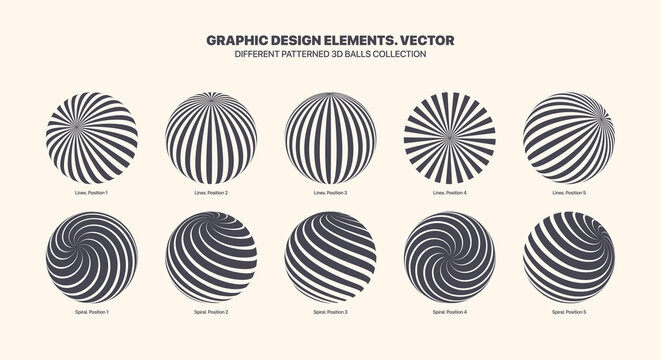 Assorted Various Vector 3D Balls In Different Positions With Straight And Spiral Lines Art Pattern Set Isolated On White Background. Graphic Black White Variety 3D Spheres Design Elements Collection