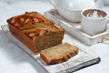 banana bread on light concrete background,copy space for text.