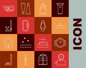 Set line Gauge scale, Diving watch, Shark fin ocean wave, Gloves, Carabiner, Snorkel, belt and icon. Vector