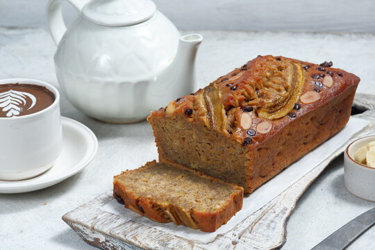 banana bread on light concrete background,copy space for text.