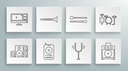 Set line Stereo speaker, Clarinet, Music player, Musical tuning fork, Guitar amplifier, Drum sticks, Drums and Video recorder editor software on monitor icon. Vector