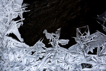 Ice flower and frost pattern on the stream cold winter.