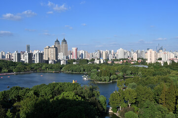 Lake view of city Park in downtown Shanghai, China
