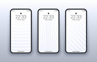 Different Variations Minimalist White 3D Smooth Lines Geometric Wallpaper Set On Photo Realistic Smart Phone Screen Isolated On Light Background. Vertical Abstract Blurred Screensavers For Smartphone