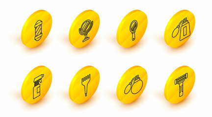 Set line Shaving razor, Aftershave bottle with atomizer, Hairbrush, Hairdresser pistol spray, Hand mirror, Round makeup and Classic Barber shop pole icon. Vector