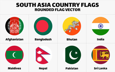 South Asia Country Flags Set Collection. Rounded Flat Vector
