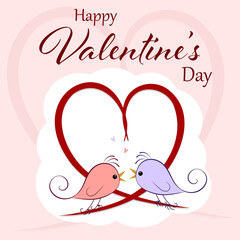 Happy Valentines Day. Two bird couple. Cute cartoon kawaii funny birds character. Pink hearts. Love Greeting card. Sticker print. Flat design. Isolated. Vector illustration.