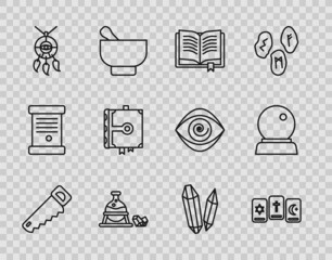 Set line Hand saw, Three tarot cards, Ancient magic book, Witch cauldron stone, Dream catcher with feathers, Magic and ball icon. Vector